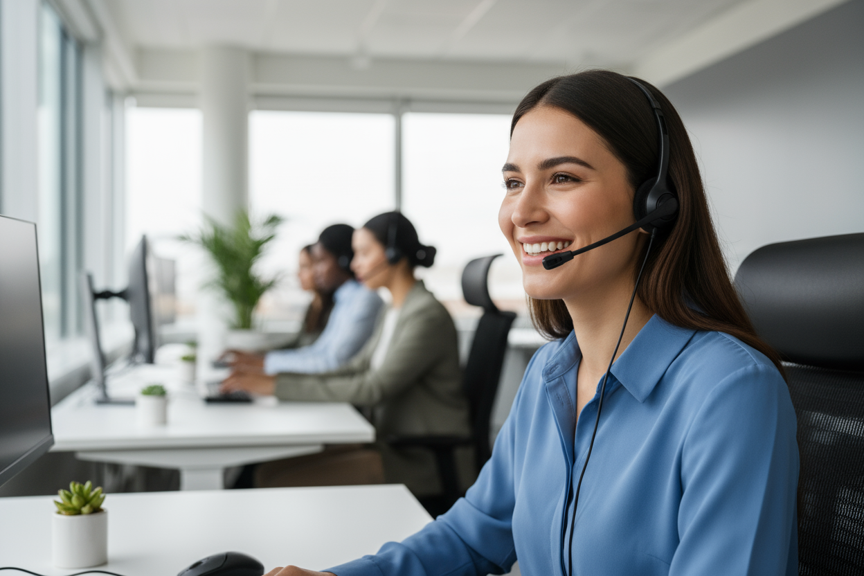 not this. its a company caring for the customer. maybe just show a customer support that is having a call and smiling. 